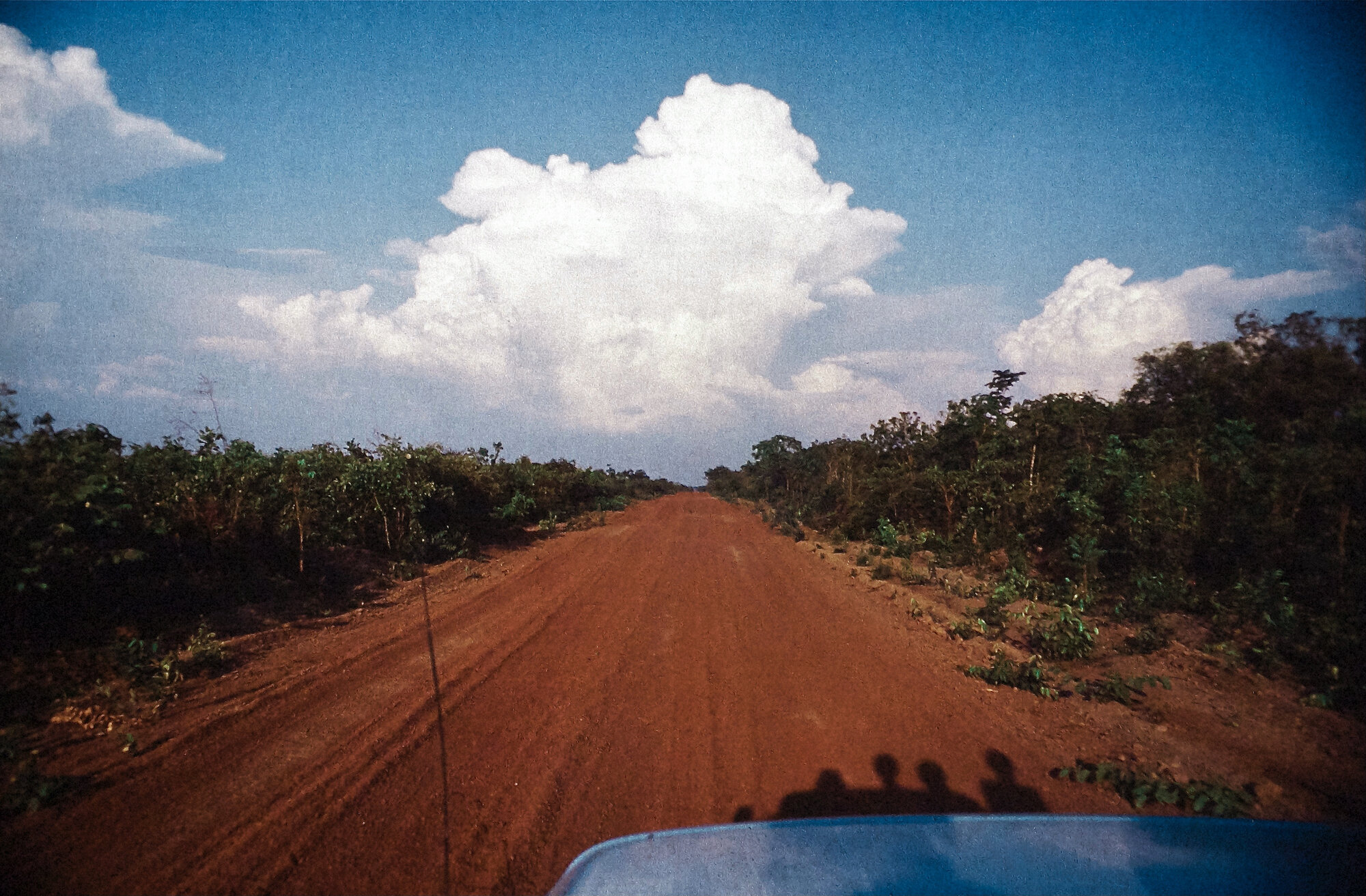 Red dirt road stretching into the distance through green vegetation under a cloudy sky